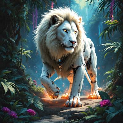 Primary subject: A lion with a chain around its neck.

Setting/background: A forest with a dirt path.

Visual style: Digital art.

Colors and mood: The lion is white, and the overall atmosphere is dark and mysterious.